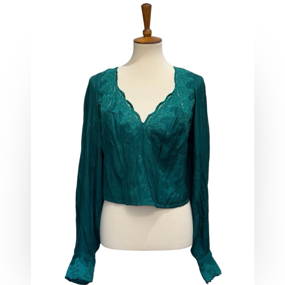 Free People Teal Lace-Trim Long Sleeve Blouse